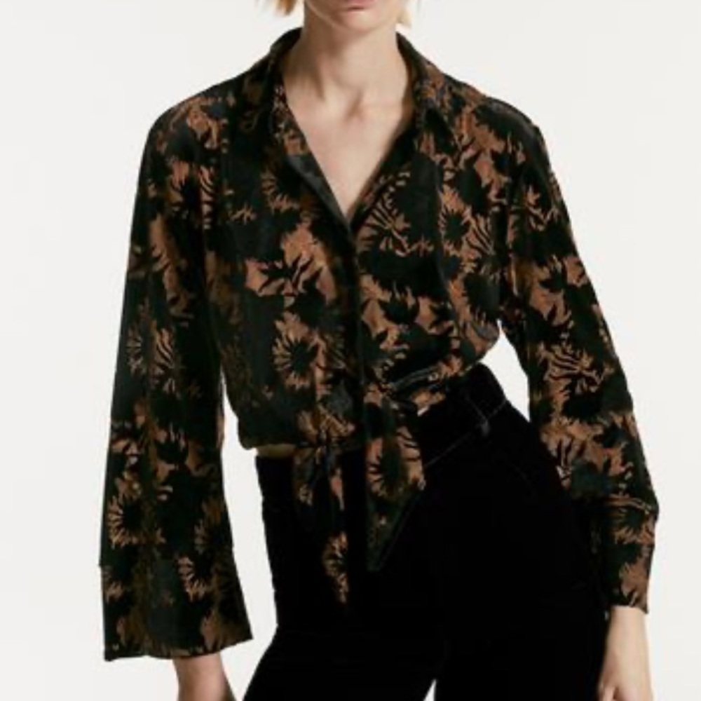 Zara Black and Brown Floral Velvet Flocked Tie Waist Blouse